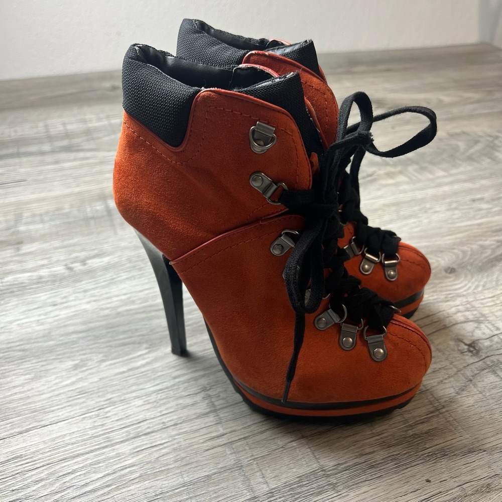 Xhilaration‎ Hiker Bootie Womens 7.5 Orange Faux Suede Platform Stiletto Boots